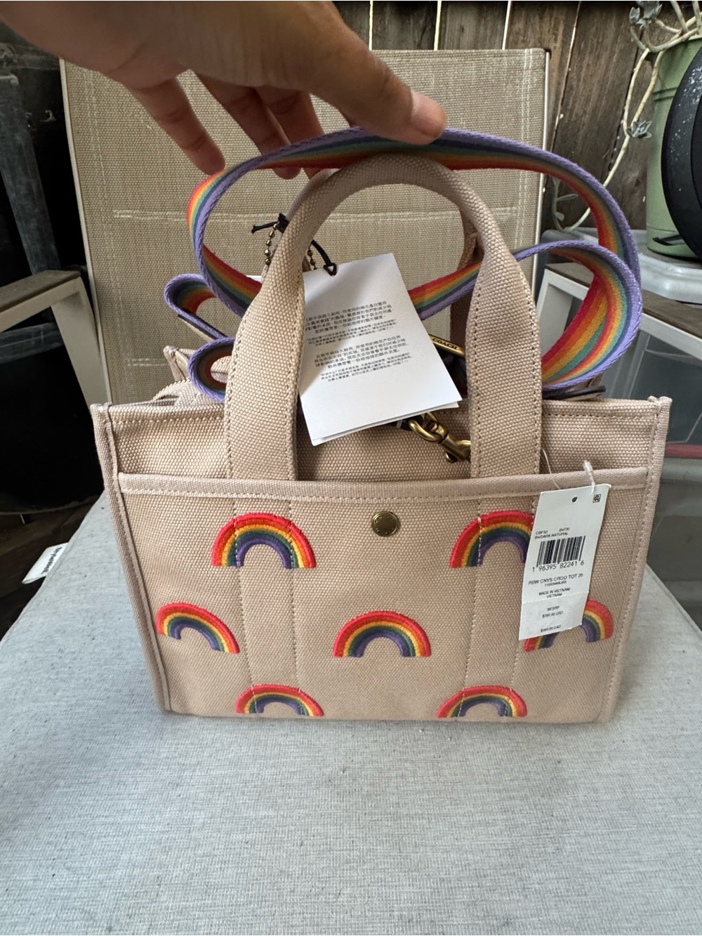 Coach Beige Canvas Tote with Rainbow Embroidered Accents and Striped Strap - Picture 6 of 8